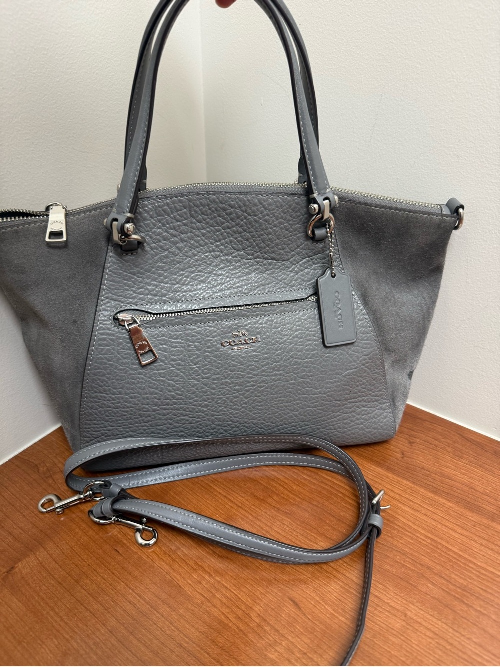 COACH Prairie Satchel 2Way Shoulder Bag Leather Suede Gray Womens Handbag - Picture 2 of 8